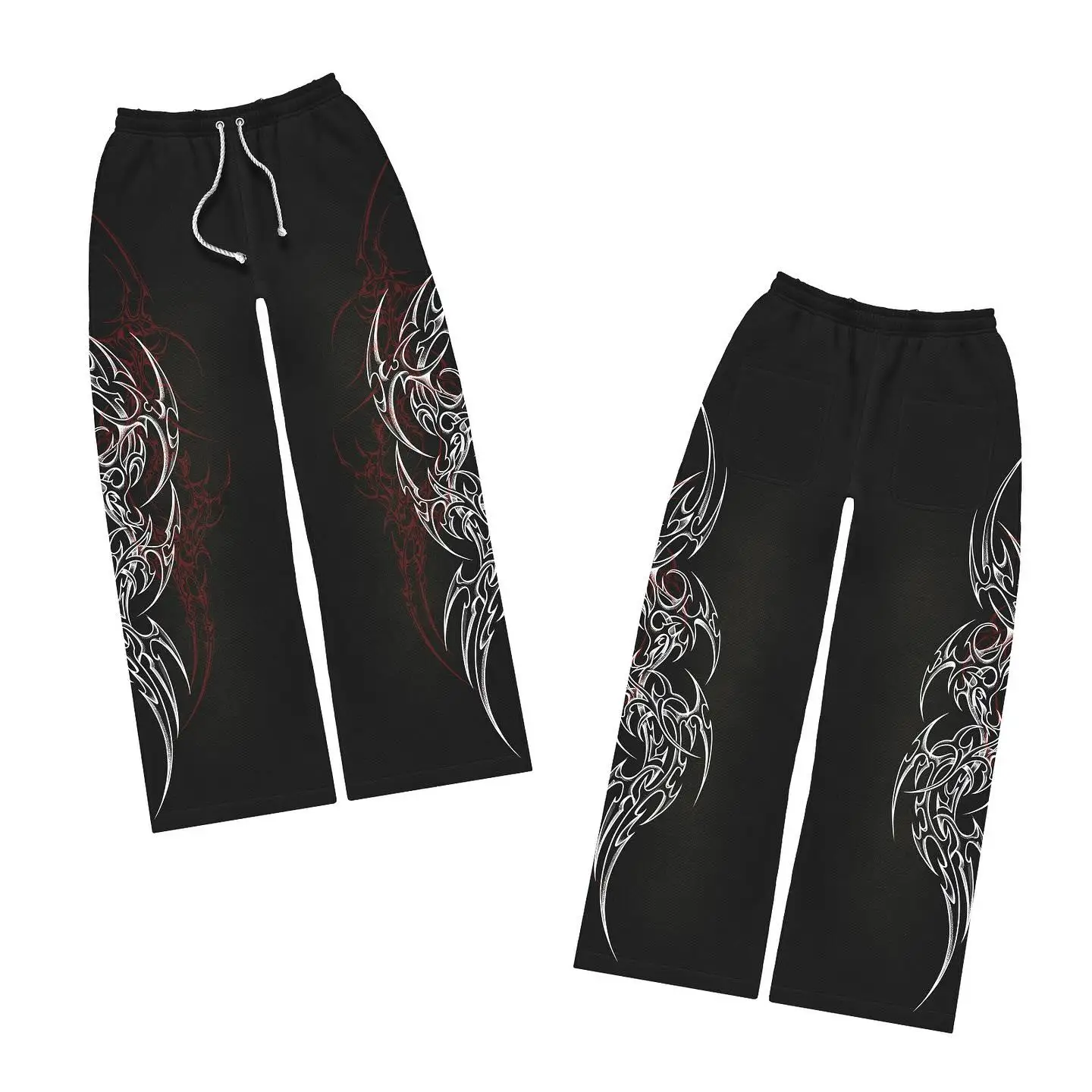 

Y2K Red Line Print Wide Leg Pants Men Women Streetwear Harajuku Baggy Trousers With Wing Pattern Elastic Waist Casual Bottoms