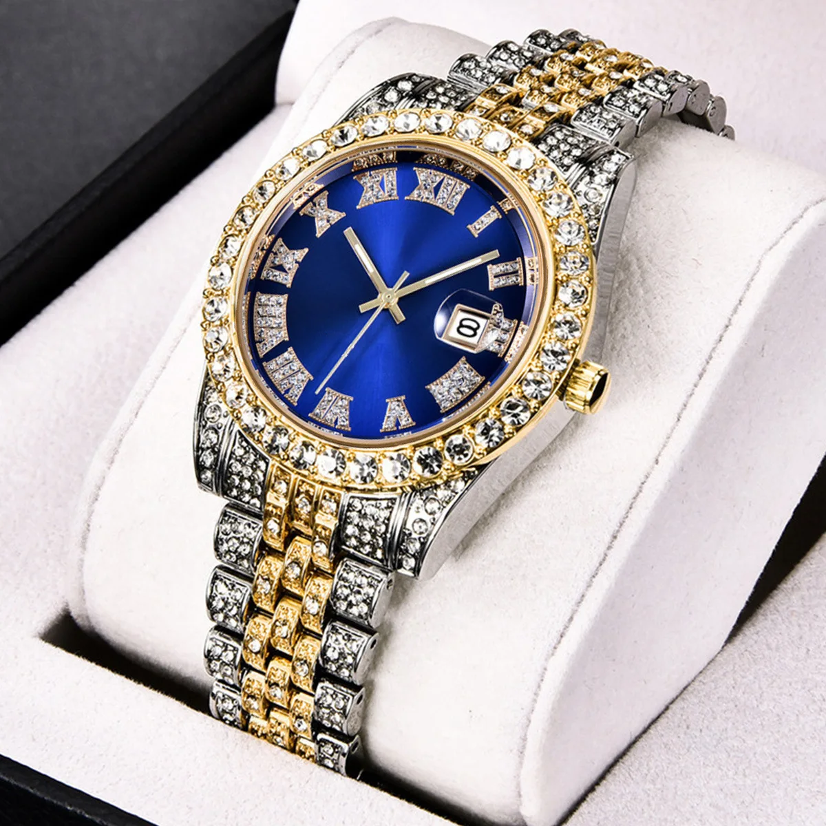 Fashion Luxury Brand Quartz Watches Men Hiphop Rhinstones Cuban Chain Bracelet Set Auto Calendar Business Watches Gifts For Him