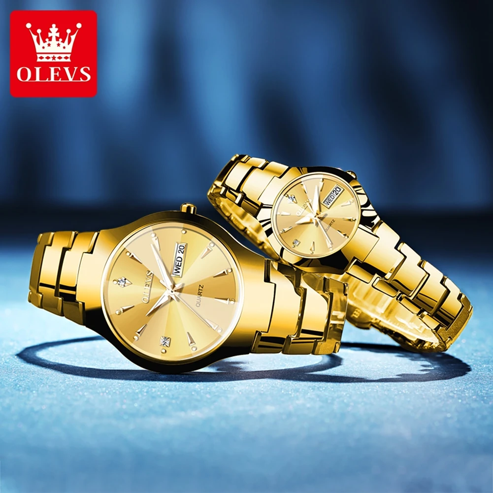 OLEVS Gold Couple Watch Fashion Tungsten Steel Quartz Watches for Women Mens Top Brand Luxury Week Calendar Lovers Wristwatch