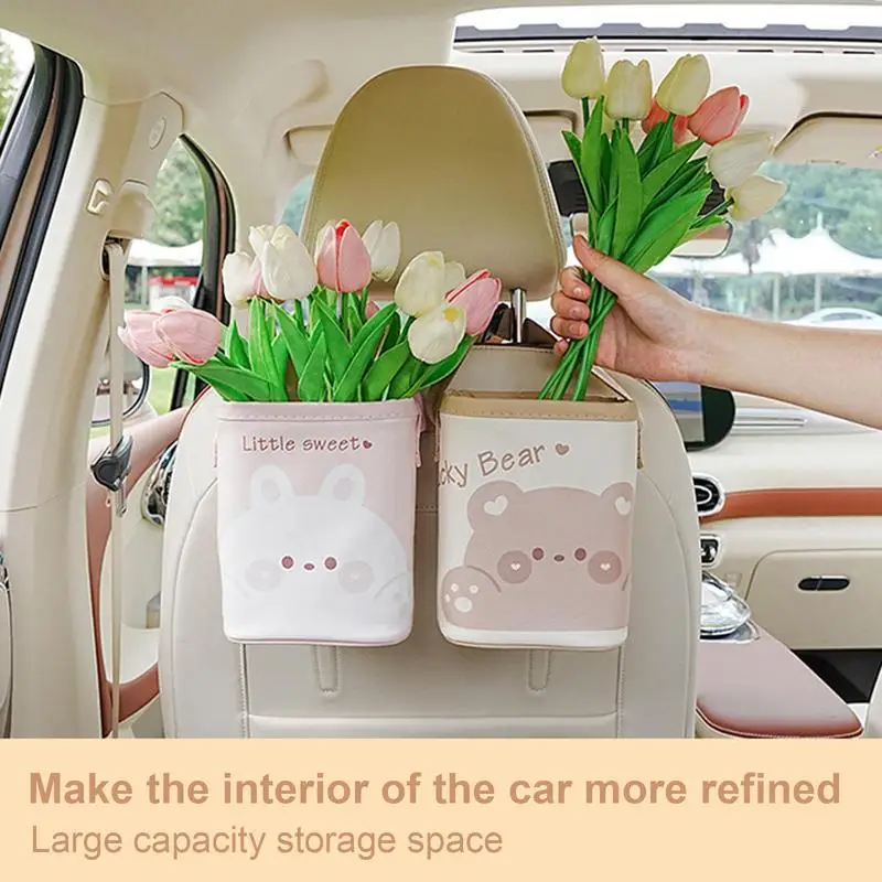 Rear Seat Car Organizer Universal Cartoon Printing Auto Storage Bucket PU Leather Vehicle Storage Tool For Drinks Mobile Phones