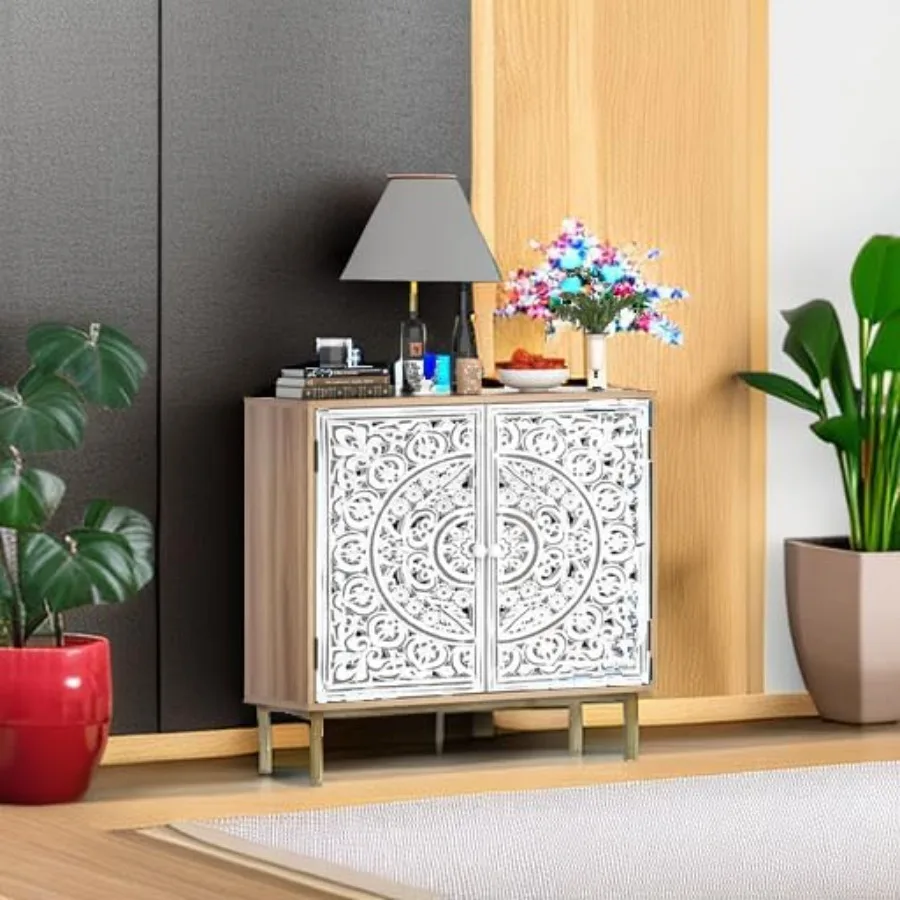 ตู้เก็บของแบบมีลิ้นชัก 2 บาน ตกแต่งลายแกะสลัก พร้อมชั้นวางปรับระดับได้ ตู้ไม้แบบตั้งพื้นสำหรับห้องครัวหรือห้องรับประทานอาหาร