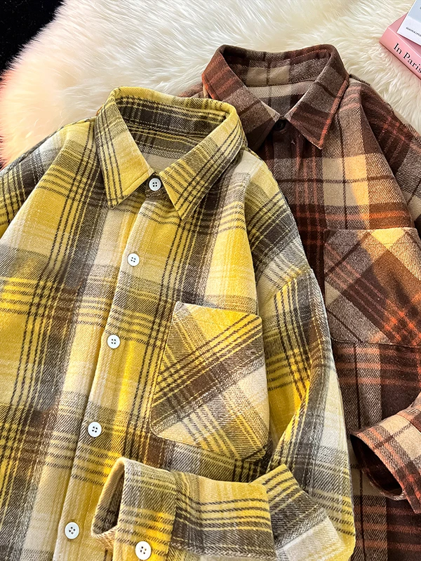 

Мужская повседневная свободная рубашка в клетку из дышащей смесовой ткани (полиэстер/хлопок) для студентов и пар, осенняя коллекция