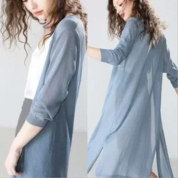 Fashion Knitted Cardigan Women's Summer Fashion Loose Mid-length Three-quarter Sleeve Thin Shawl Air-conditioning Shirt