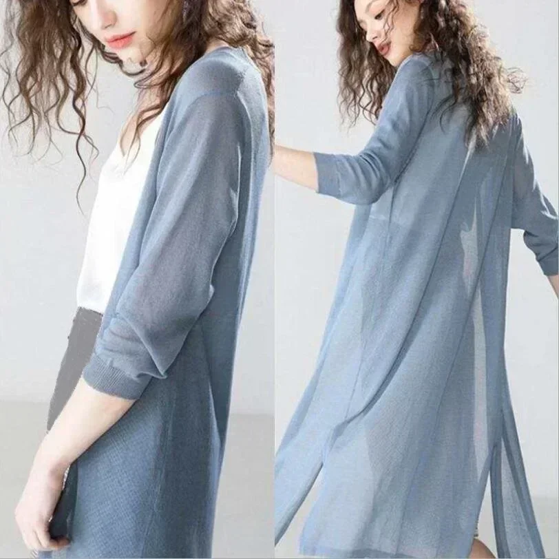 2024 Fashion Knitted Cardigan Women's Summer Fashion Loose Mid-length Three-quarter Sleeve Thin Shawl Air-conditioning Shirt