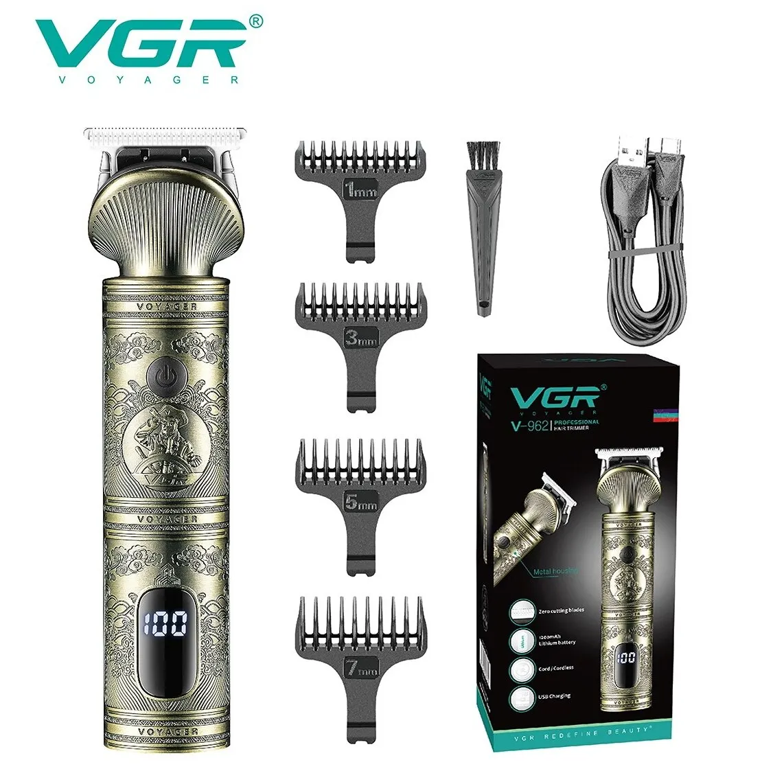 VGR Hair Trimmer Professional Hair Clipper Metal Hair Cutting Machine Electric Cordless Rechargeable Trimmer for Men V-962