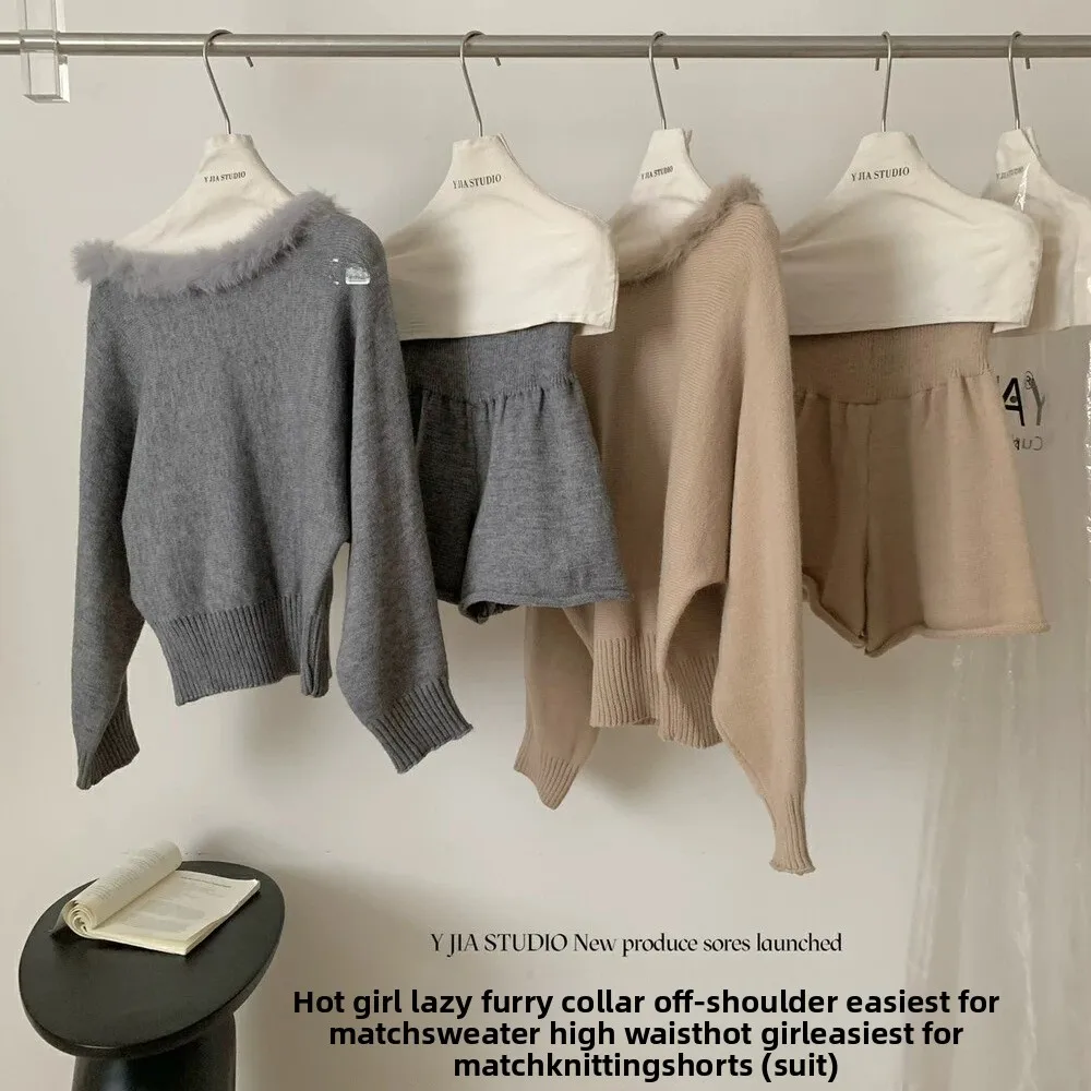 Autunno Inverno Donna Lazy Sle Slim Fit Maglione oulder Bared Top lavorato a maglia con pantaloni ortodontici a vita alta Set da due pezzi