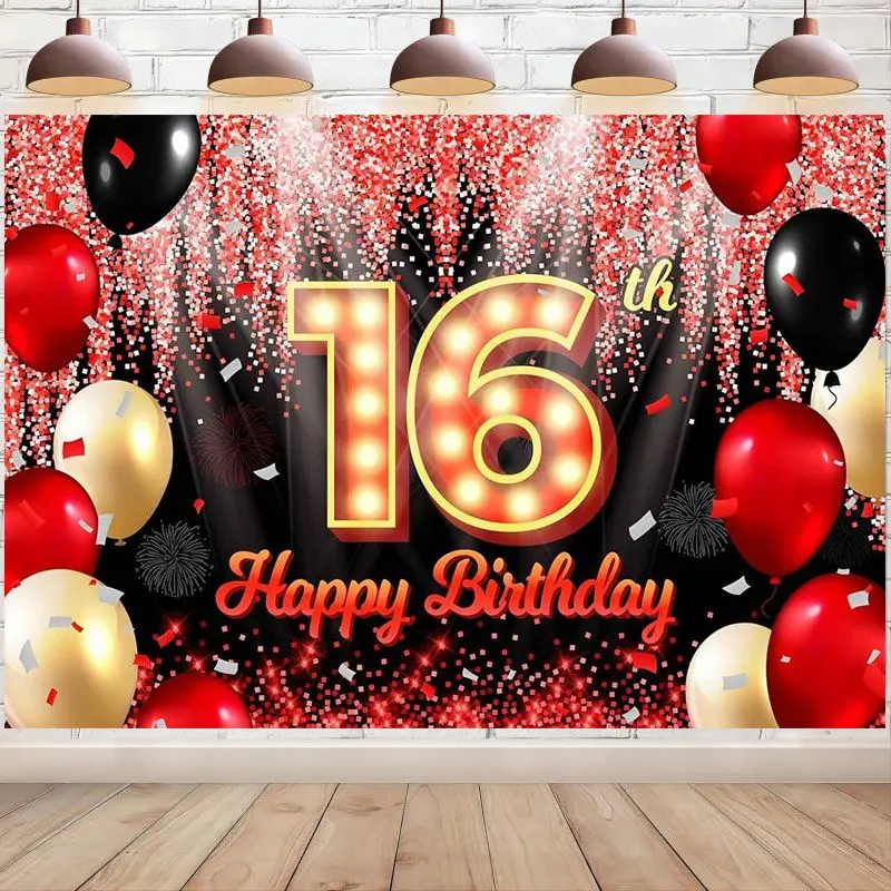 Happy 16th Birthday Backdrop Banner Black and Red Background Neon Shiny Fashion Party Photo Photography Booth for Boys Girls