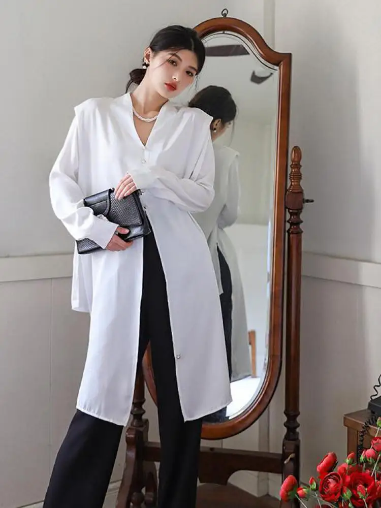 

Spring Elegant Solid V Neck Irregular Shirt Single Breasted Slim Tops Fashion Women's Long Sleeve Split Blouse Trend Streetwear