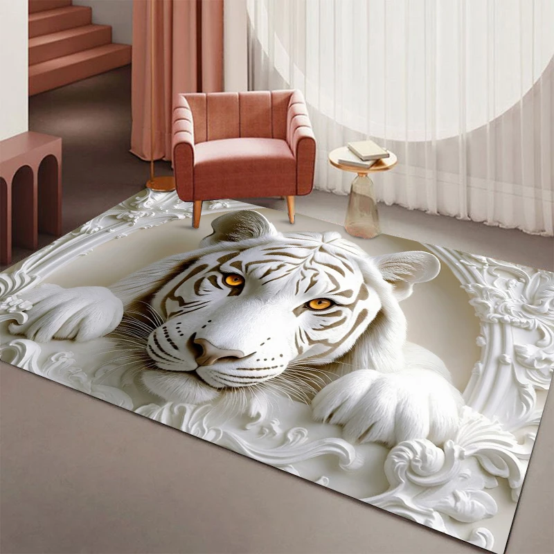 Rug Carpet Mat Non-Slip 3D White Tiger Relief Area Rug for Living Room Bedroom Entryway Kitchen Nursery Playroom Home Decor