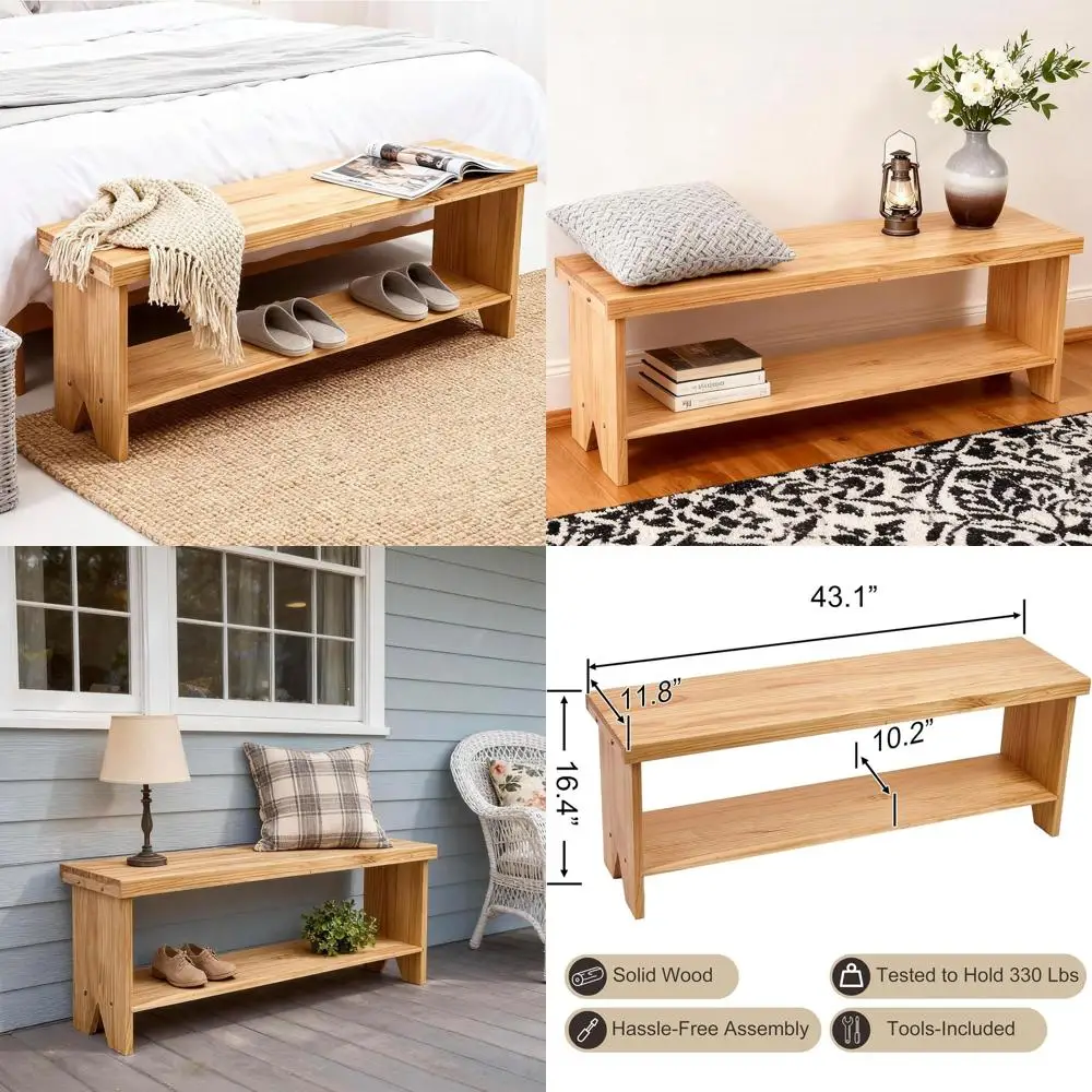 Rustic 43 Solid Wood Storage Bench for Entryway, Hallway, and Dining Area