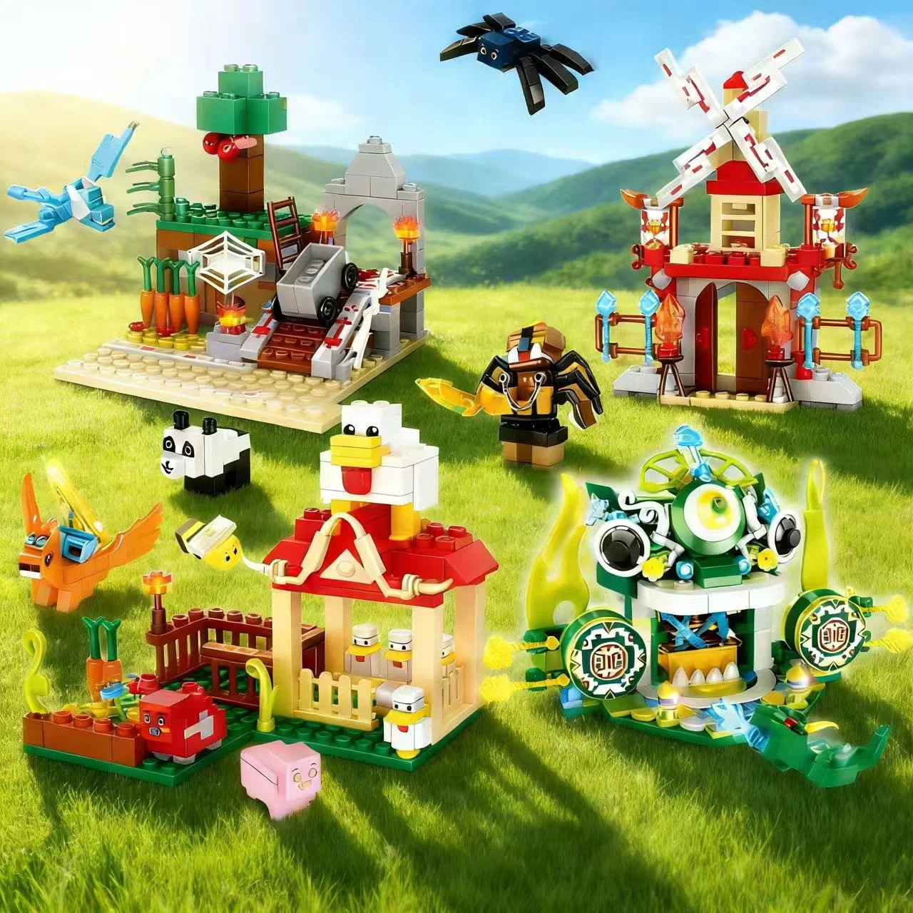 Creatieve boerderijgebouwscène stapelblokken, windmolens + dierenvormen, zeer gedetailleerd bouwmodel, verzamelbaar ornament