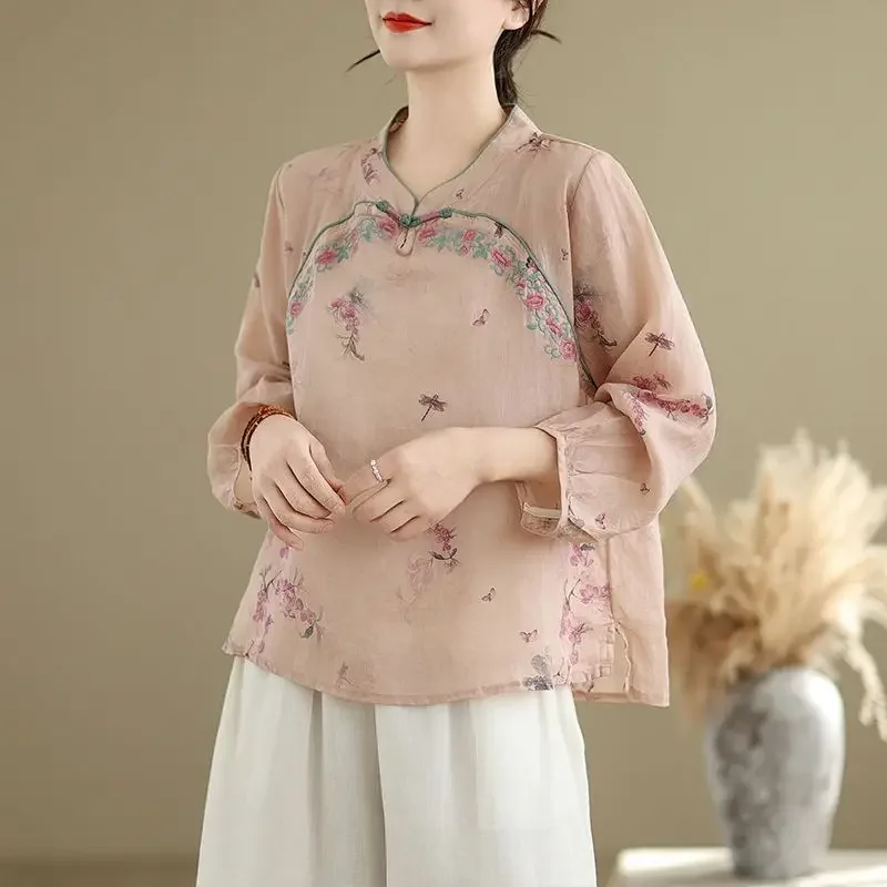 Spring Autumn Temperament Tang Suit Zen Tea Clothes Embroidered Top New Chinese Style Cotton Linen Printed Shirt for Women