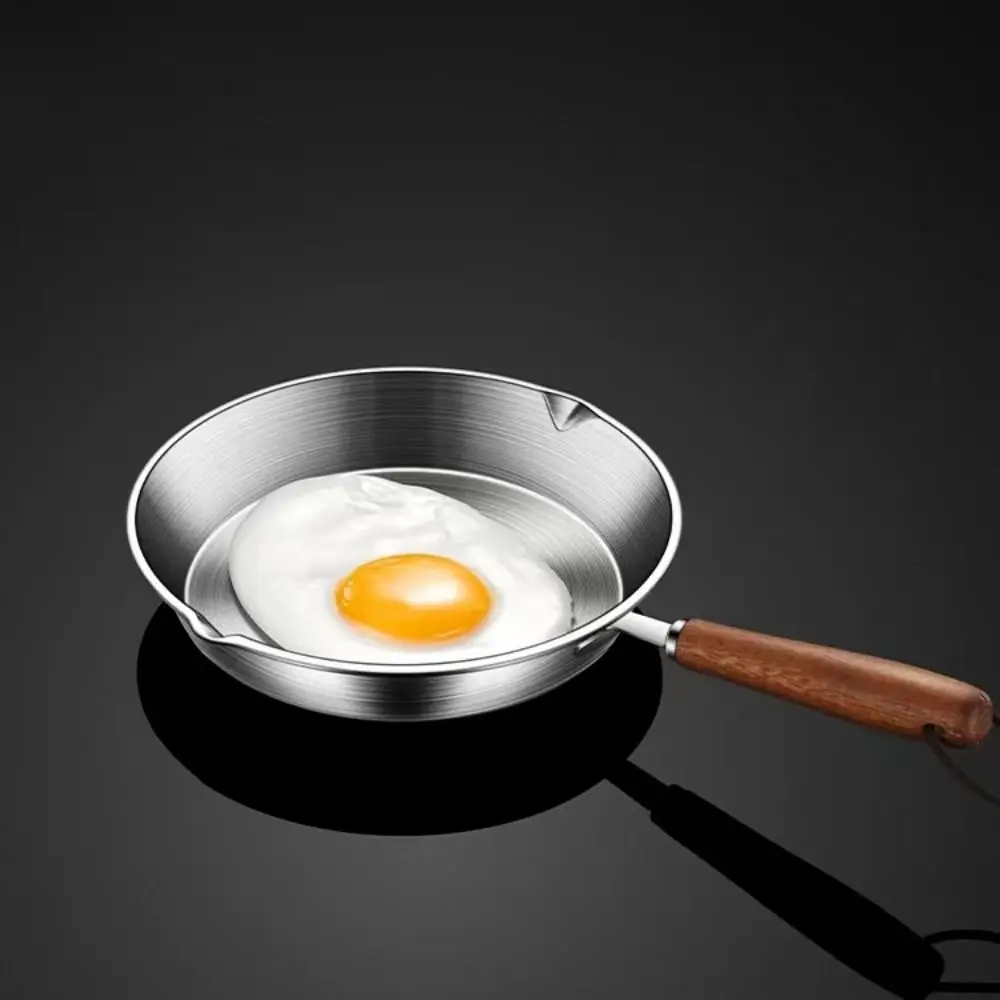 PFAS Safe Flat Bottom 304 Stainless Steel Frying Pan Wooden Handle Nonstick Omelette Pan Small 12/16cm Cooking Pan Kitchen