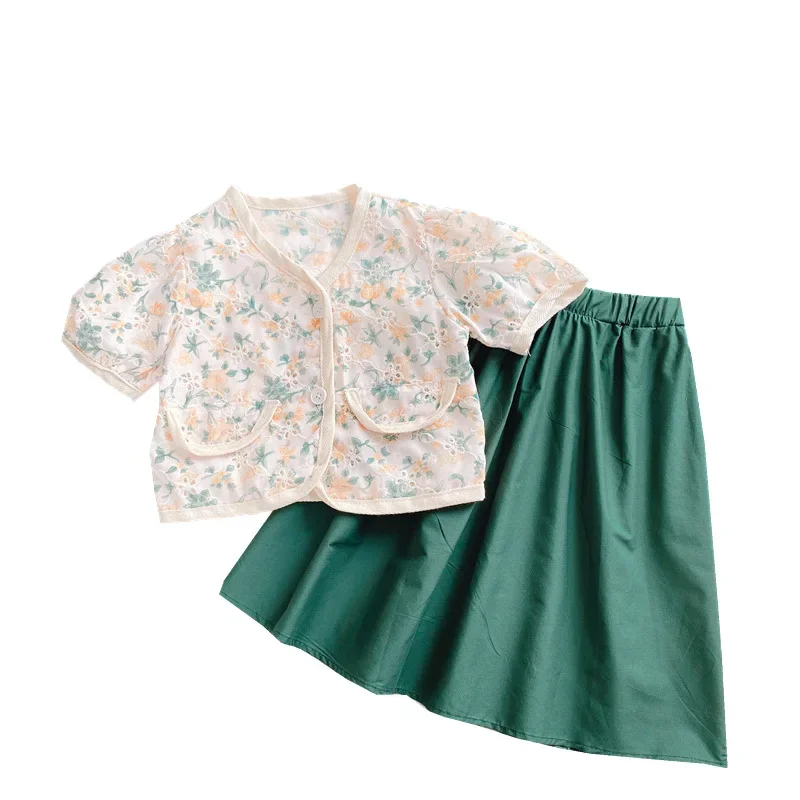 مجموعات ملابس الأطفال زهرة مطرزة قصيرة الأكمام أعلى + تنورة 2 قطعة مجموعات طفلة ملابس طفلة الزي مجموعة