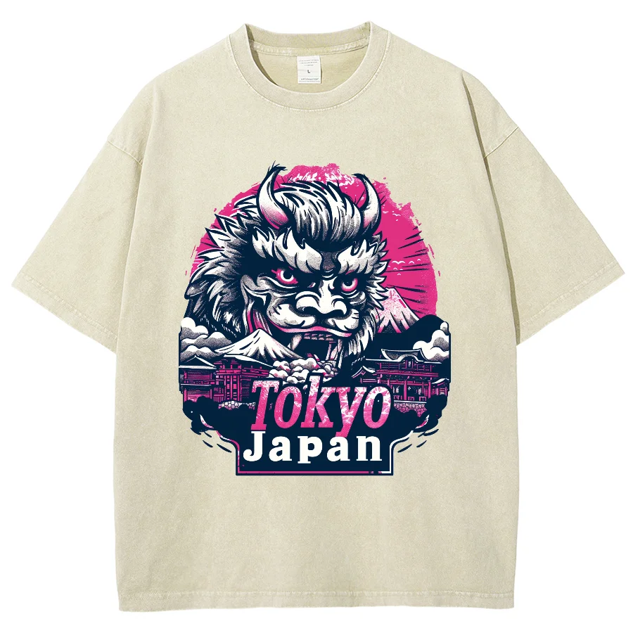 Camiseta lavada solta feminina, estampa japonesa de leão, extragrande, algodão, confortável, manga curta, retrô, chinesa, angustiada, top de hip-hop