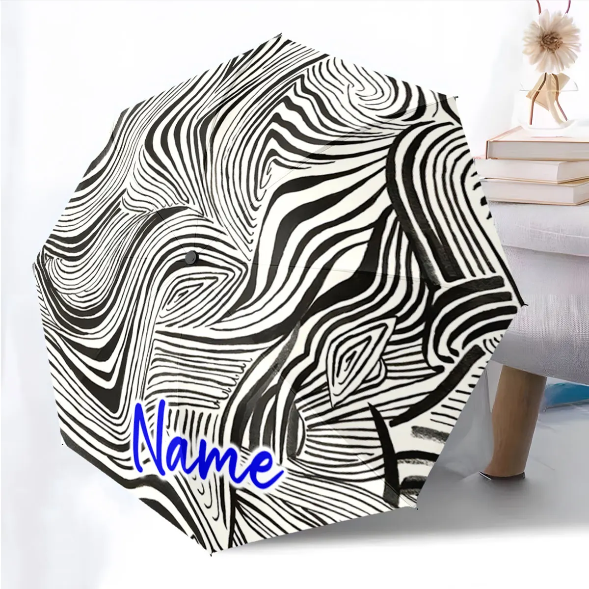 Custom Name Monochrome Umbrella with Artistic Stripes Design Print 8 Iron Ribs Folding Umbrella Auto-Open Fashion Sunshade