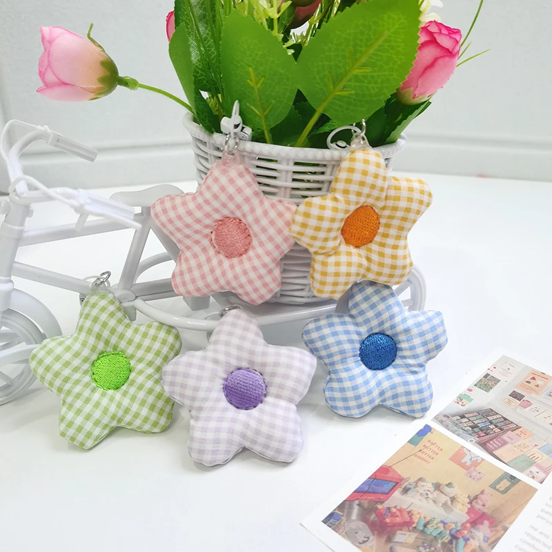 Cute Sweet Fabric Plaid Flower Keychain Korean Floral Keyring Car Key Holder Backpack Pendant Bag Hanging Decor Earphone Charms