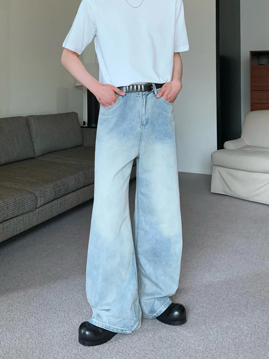 BONXUY Vintage Washed distressed retro loose straight jeans men's mid-waist wide-leg pants versatile casual pants