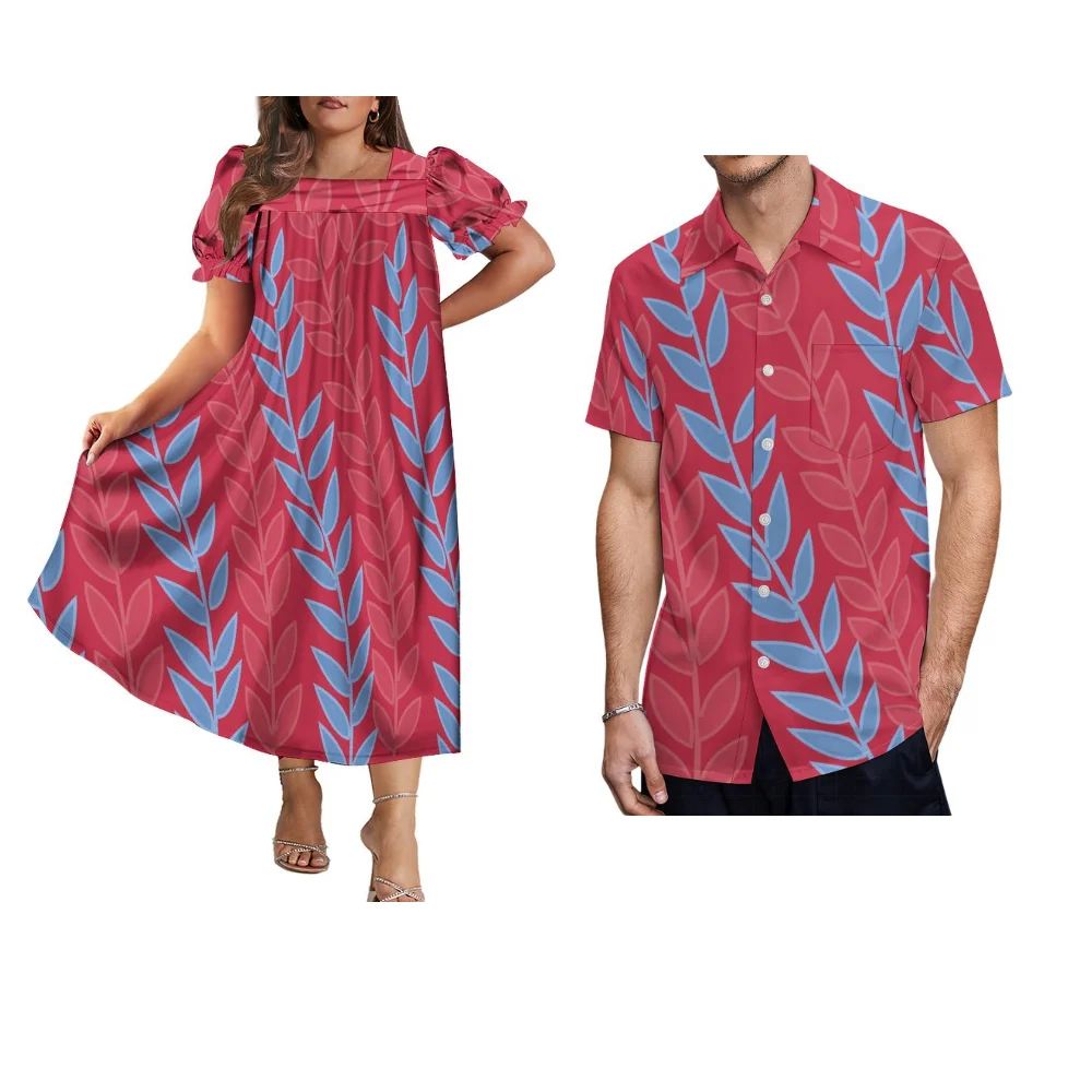 

Women'S Square Collar Puffed Sleeve Mumu Long Skirt Men'S Shirt Custom Polynesian Tribal Ethnic Fashion Couple Set Banquet Dress