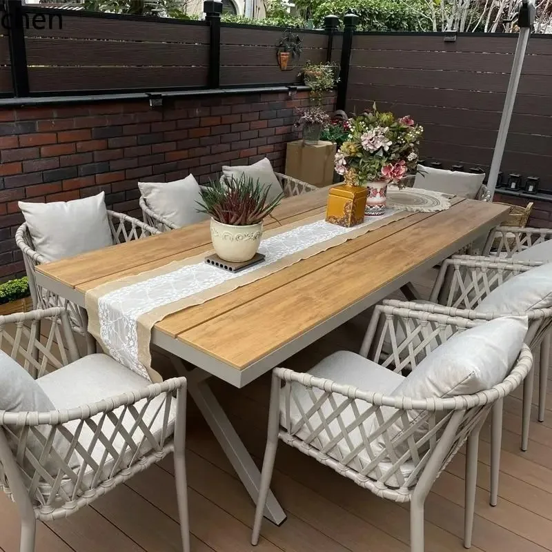 Outdoor Table and Chairs Waterproof Leisure Table and Chairs Woven Rope Long Plastic Wood Dining Table Rattan Chair SetN9