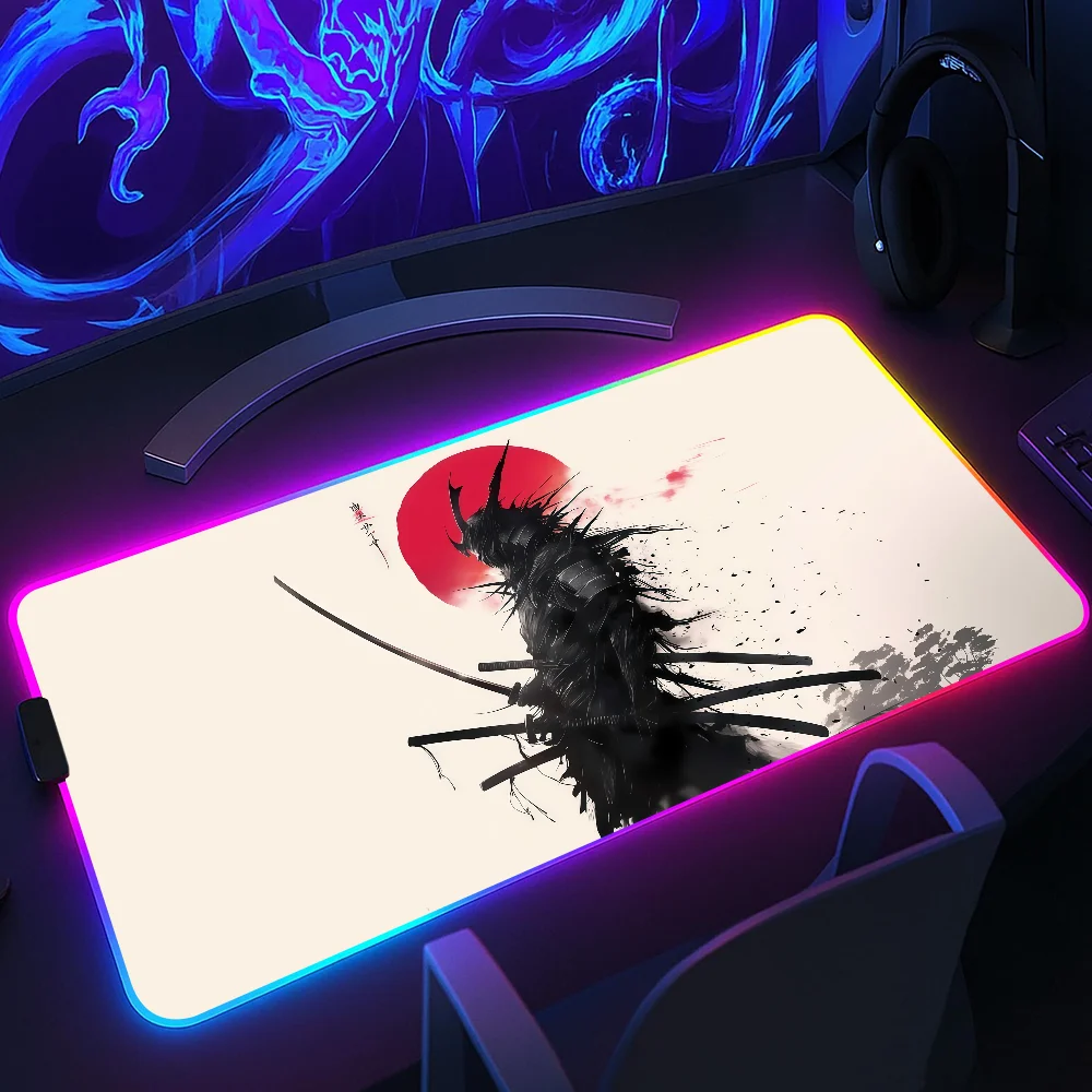 Black white Japanese samurai crow Mouse Pad RGB LED Light Non-Slip Rubber Base Waterproof Office PC Home Desk-Mat USB Large Game
