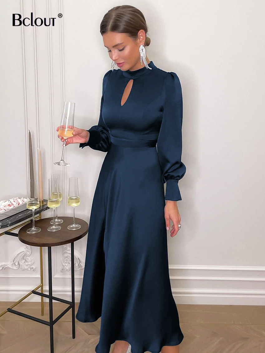 Bclout Autumn Navy Satin Dress Women Elegant Lantern Sleeve Slit Evening Dresses High Waist A-Line Pleated Party Midi Dress 2022