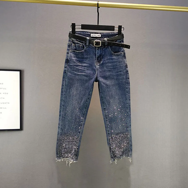 

Heavy-Duty Rhinestone Jeans For Women, Summer, Petite Figure-Flattering, Slimming, High-, Versatile, Cropped Denim
