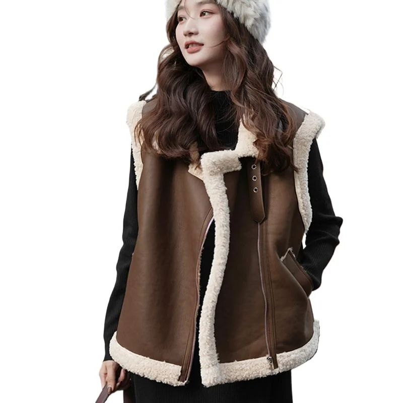 

Winter Women Vests Top Short Women's Insulated Waistcoat Vintage chalecos para mujer Leather Jacket Sleeveless Cardigan Fur Coat