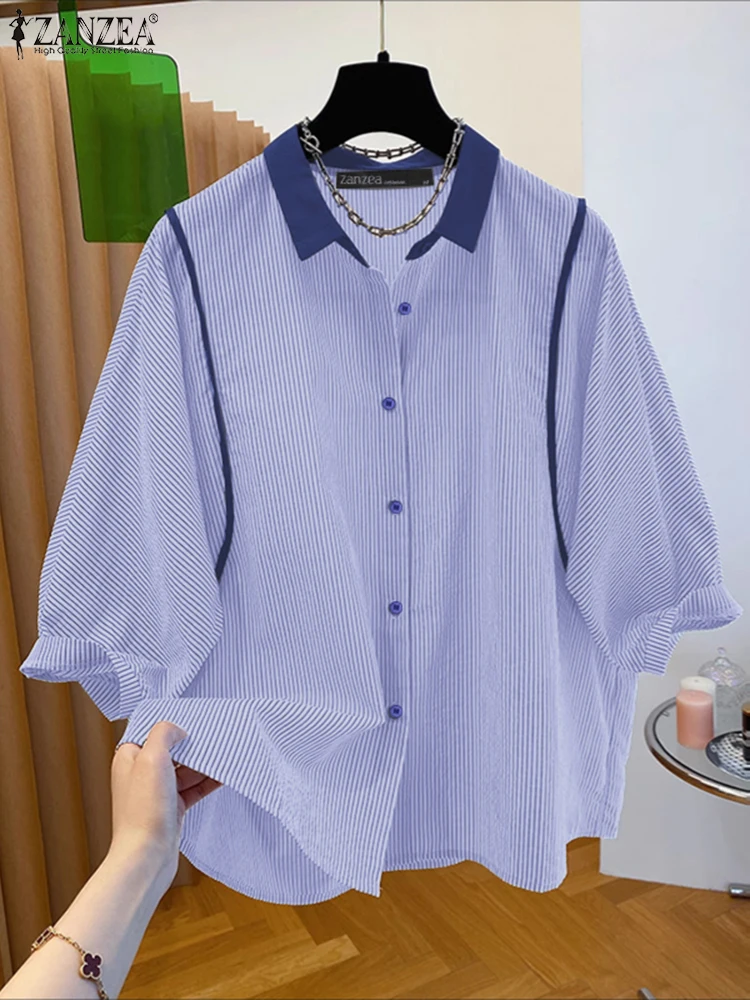 ZANZEA Jesienne Koszule w Paski Damskie Koreańska Moda Eleganckie Rękawy 3/4 Kołnierzyk Kolorowy Blok Kontrastowe Paski Koszule Damskie