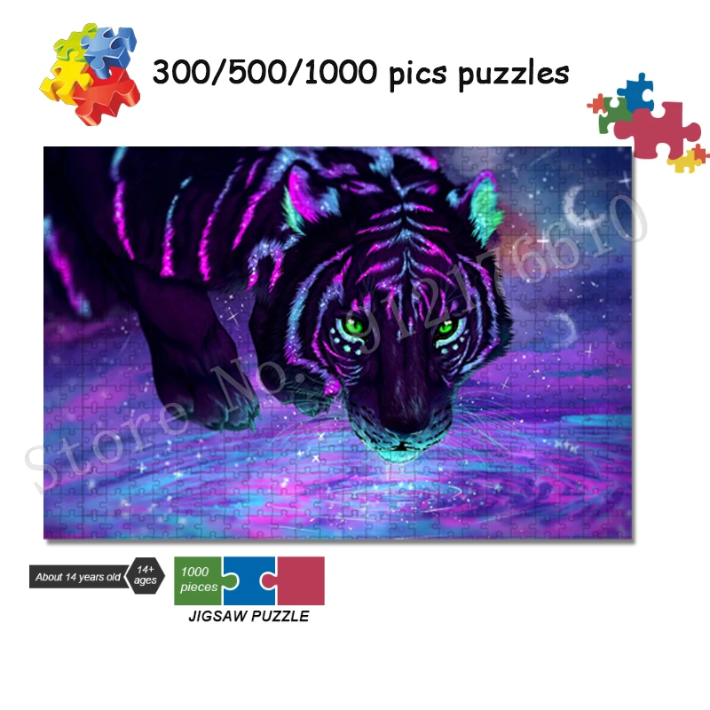 Tygrys Puzzle nowoczesny fioletowy kolor odblaskowy zwierząt 300/500/1000 sztuk Puzzle Jigsaw dla dorosłych dekompresowane gry rzemieślnicze dekoracje