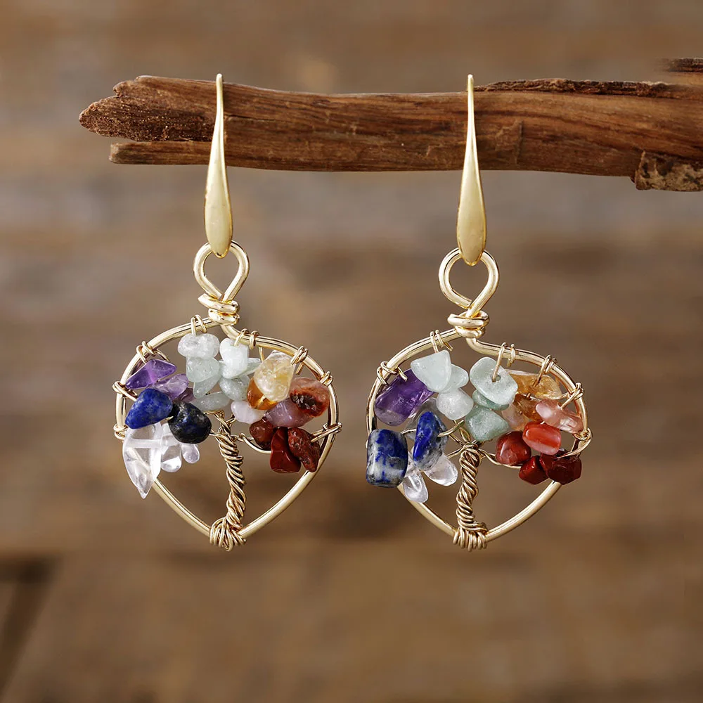2026 New 7-Color Bohemian Vacation Style Natural Crystal Tree of Life Earrings European and American Popular Accessories