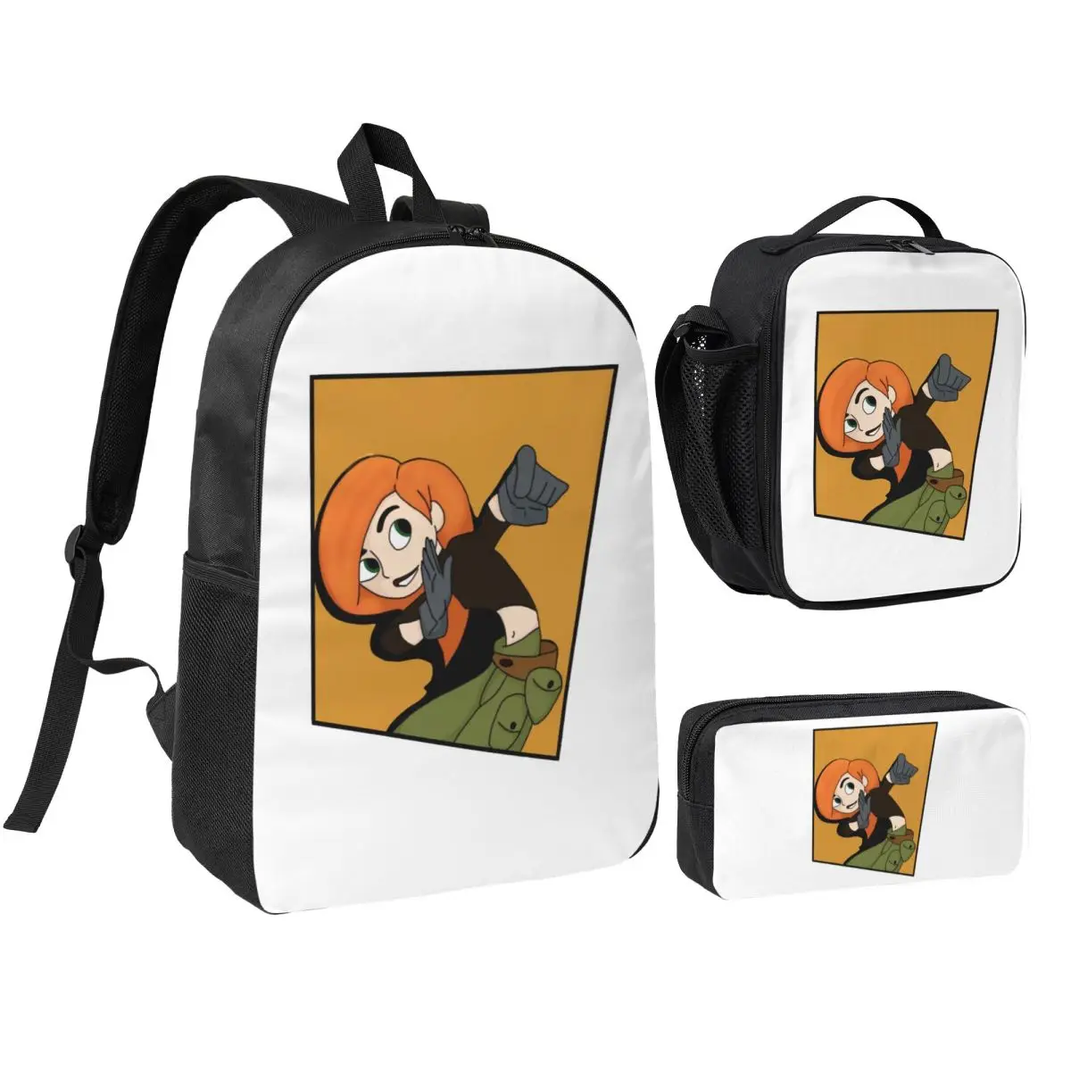 Kim Possible - Sac à dos style bande dessinée pour garçons et filles, sac d'école, sac à bandoulière pour ordinateur portable, 3 pièces, sac à déjeuner isotherme, trousse à crayons