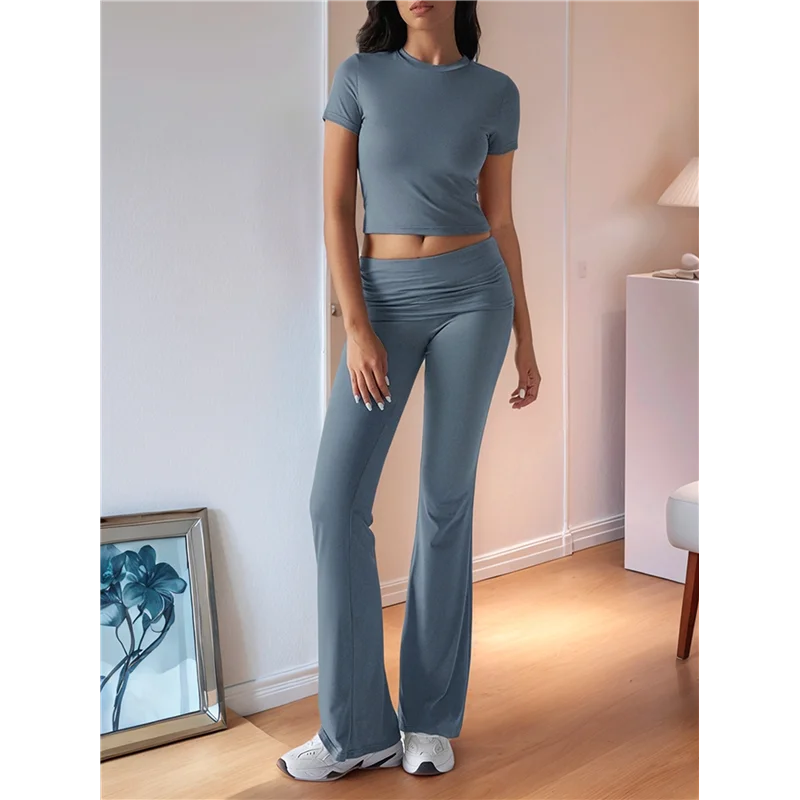 

【Party-Decoration】Women's 2 Piece Outfits Lounge Sets Ruched Short Sleeve Tops High Waisted Wide Leg Pants Tracksuit Sets