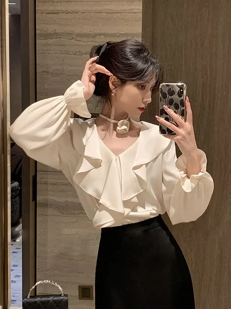 秋白リボンデザインブラウス女性 V ネック Y2k フレンチヴィンテージエレガント原宿トップス女性固体韓国ファッションシックな服