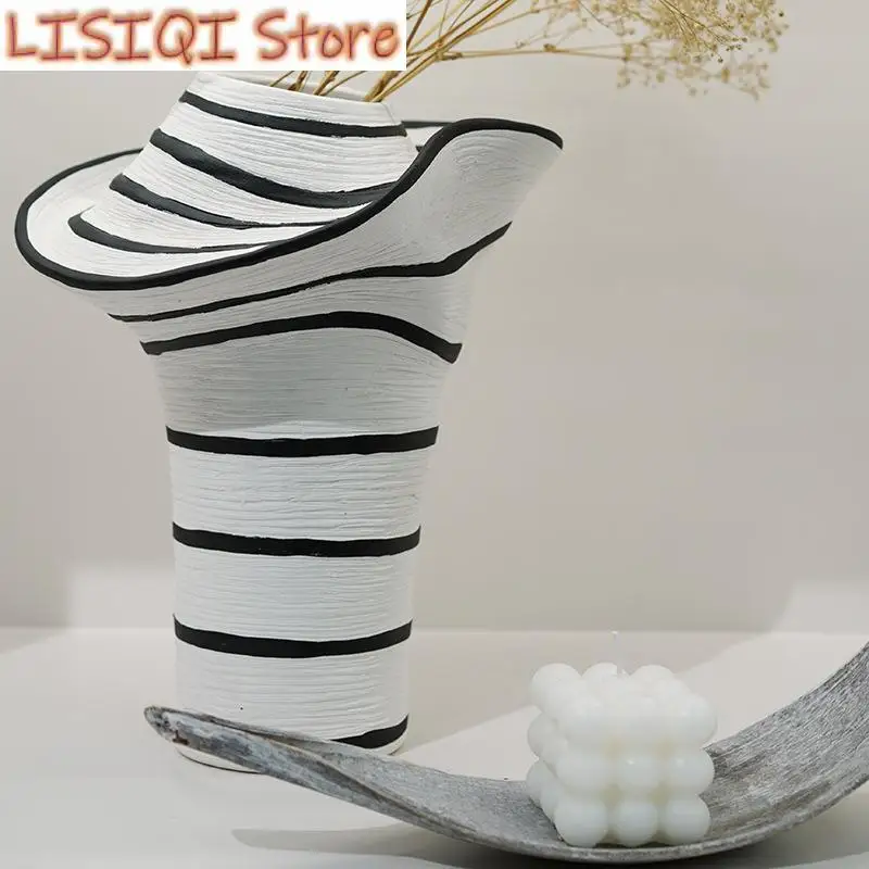 

New Striped Ceramic Straw Hat Shape Wavy Striped Vase Ceramic Floral Arrangement Home Decoration Accessories Vases Pots