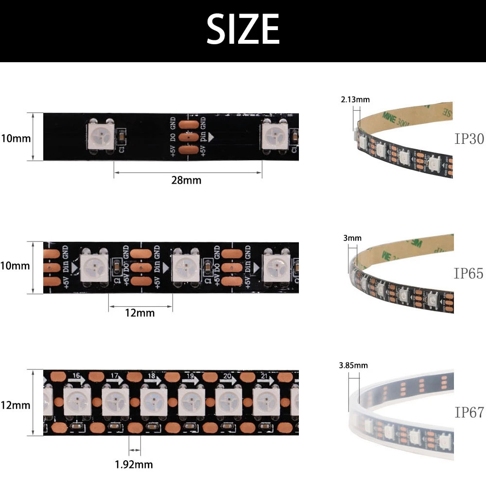 Imagem -02 - Fita Led Rgb Smart Pixel ic Endereçável Individualmente 30 60 144 Pixels Leds m Ip30 Ip65 Ip67 dc 5v Ws2812b