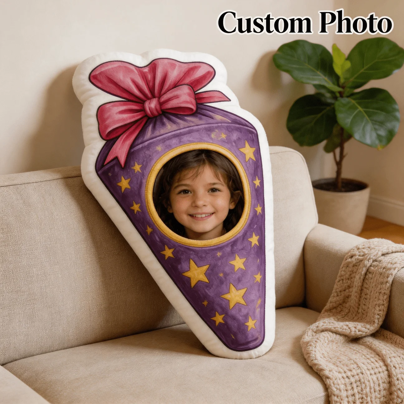 Custom Personalized Photo Face Pillow, Purple Magic Hat Shaped Decorative Cushion with Double-Sided Printing, 60CM Home Decor Ac