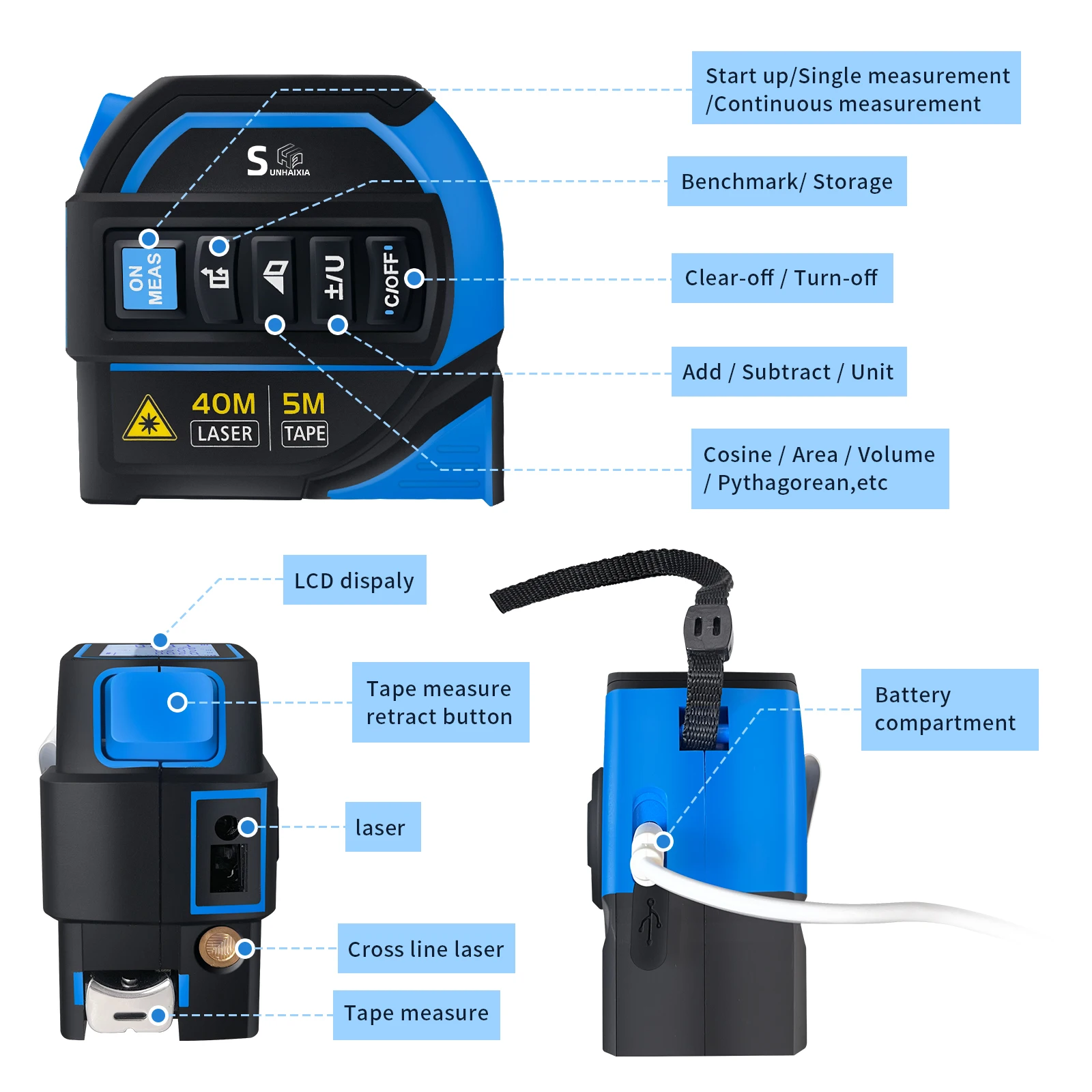 HAIZHIHUI 4in1tape measure Digital Laser Distance Meters with Electronic level Measures linear, collinear, area and volume.