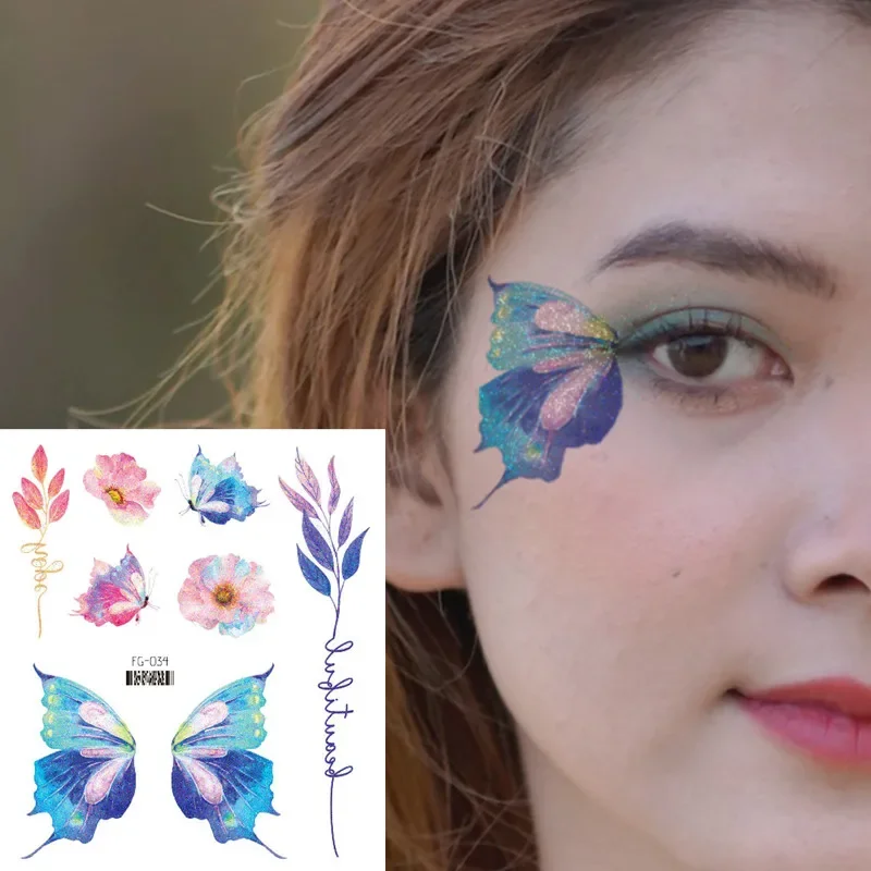 Butterfly Temporary Tattoo Stickers Colorful Face Stickers Waterproof Glittering Music Festival Stage Makeup Body Art Decoration