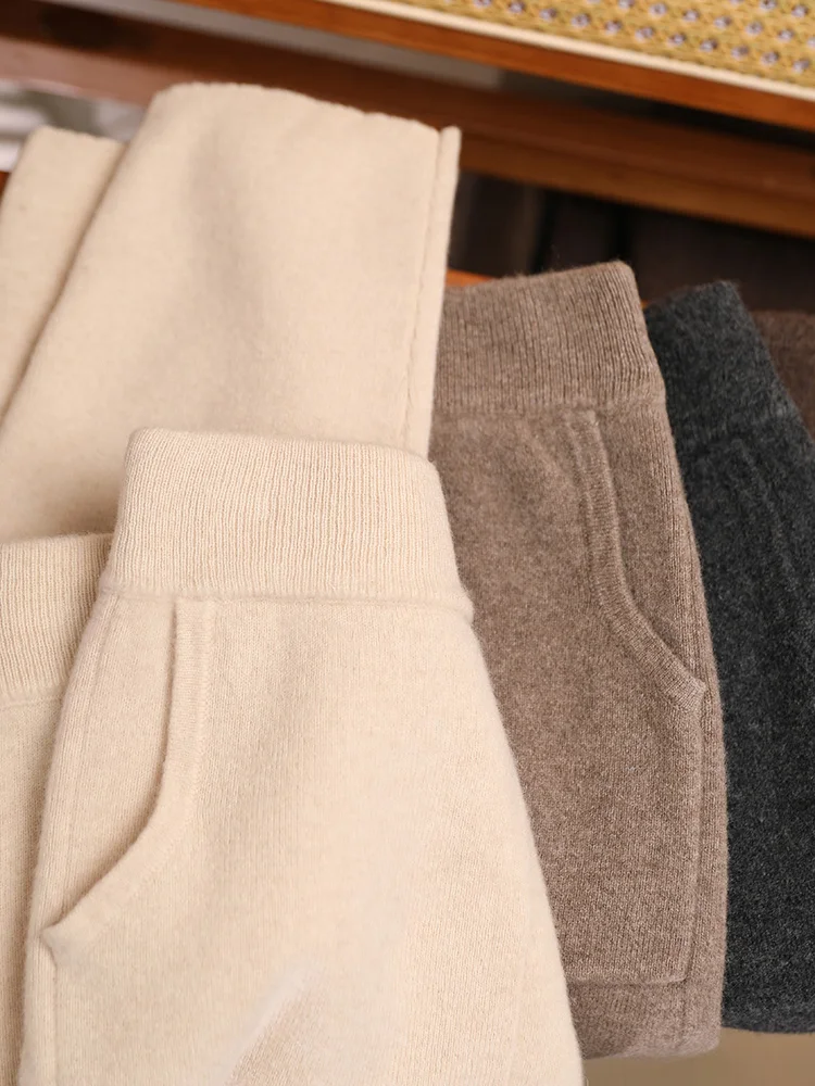 Basic Women's Pencil Pants 100% Merino Wool Pants Autumn Winter Knit Pants Thick Warm Patch Pocket Trousers Casual Elastic Pants