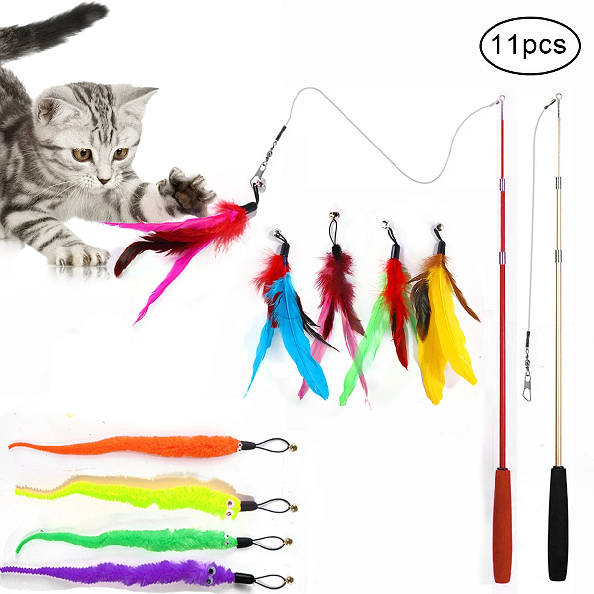 

11pcs Interactive Cat Feather Toy Feather Teaser Stick Wand Pet Retractable Feather Bell Refill Replacement Catcher for