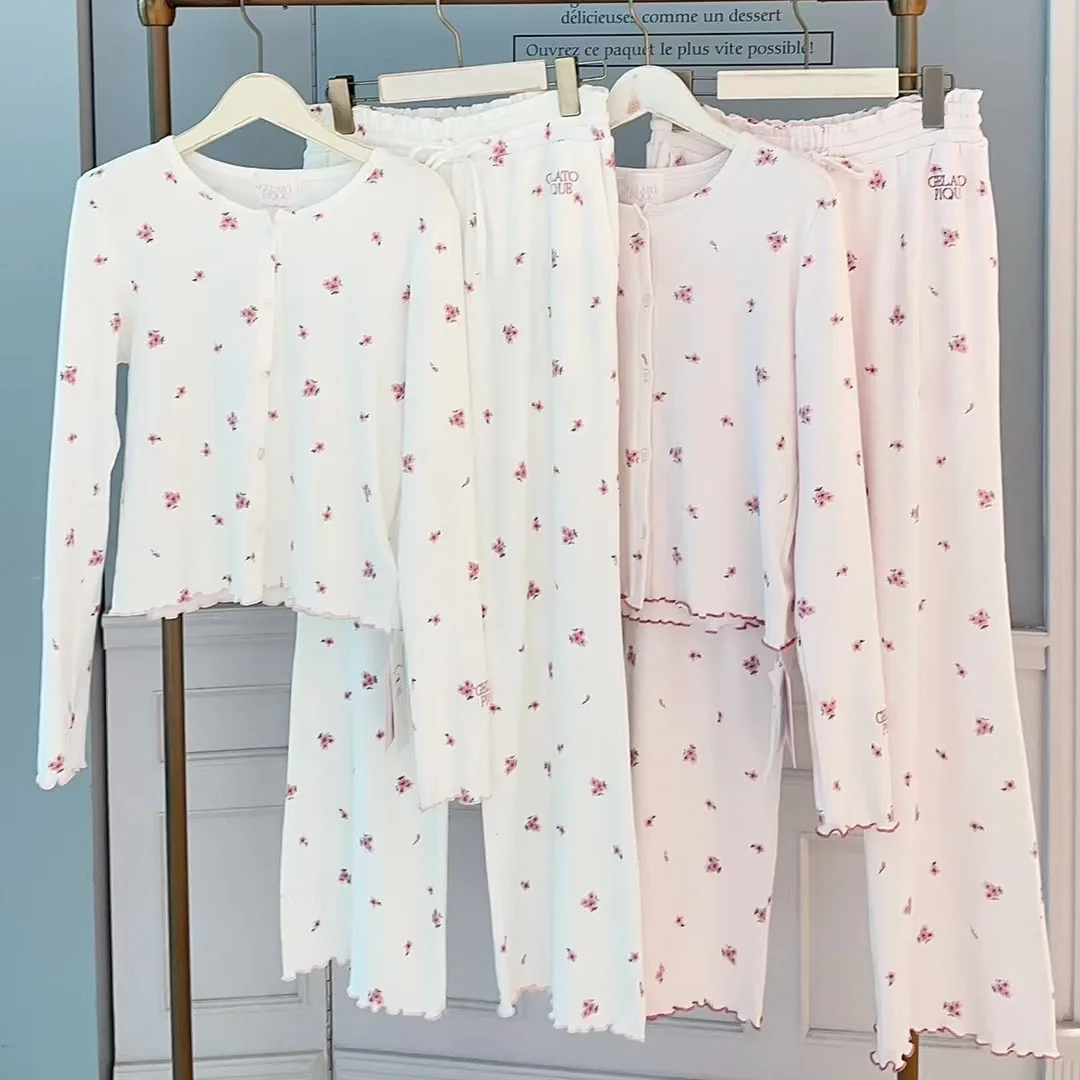 Pajamas Women Room Wear Ladies Cherry Blossom Print round Neck Long Sleeve Lace Cotton Set (with tags)