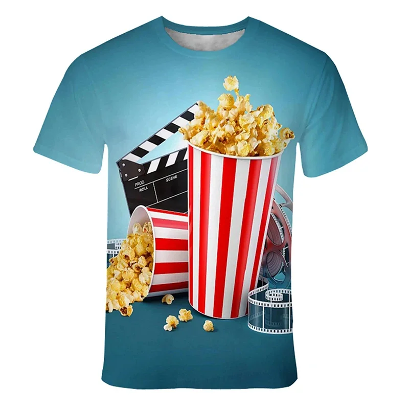 Men\'s Fashionable Gourmet Popcorn Print T-Shirt Trendy Digital round Neck Short Sleeve Casual Top