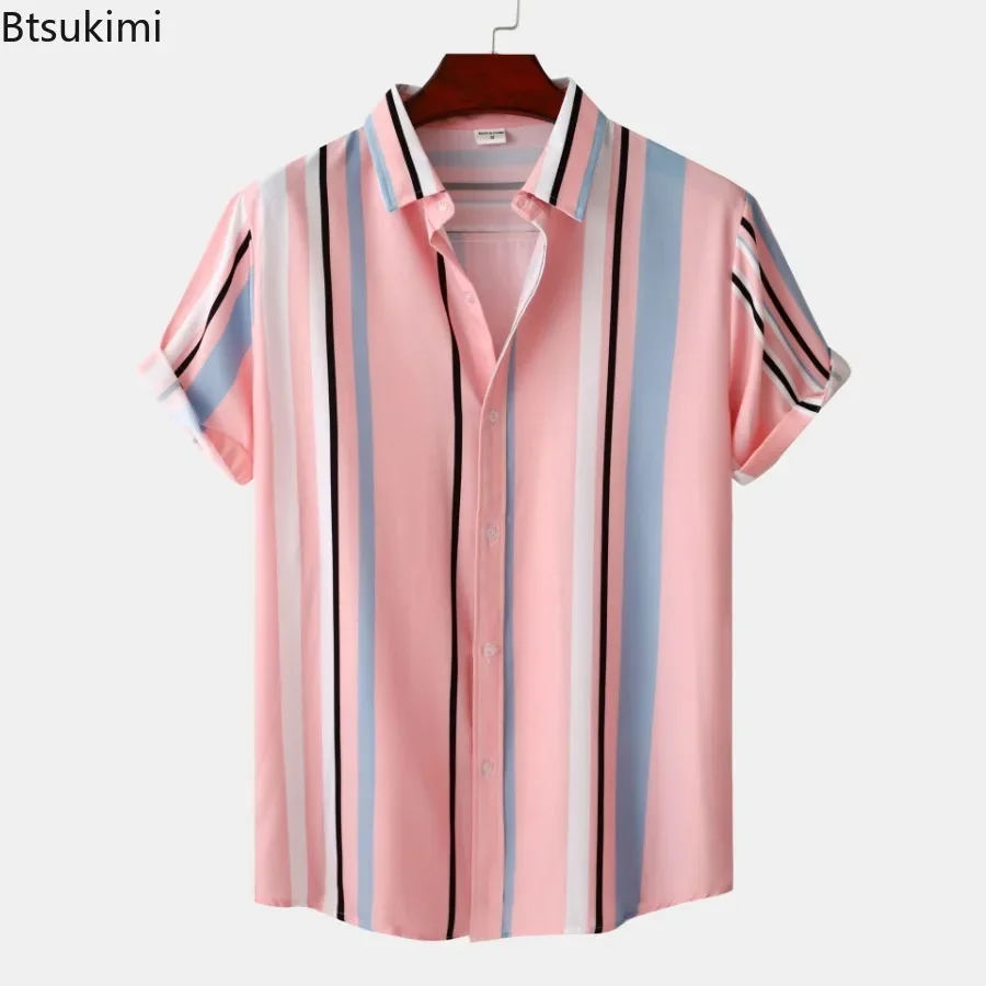 

Summer Men's Casual Short Sleeve Shirts Fashion Striped Print Lapel Blouse Men Breathable Hawaiian Shirt Contrast Color T-shirts