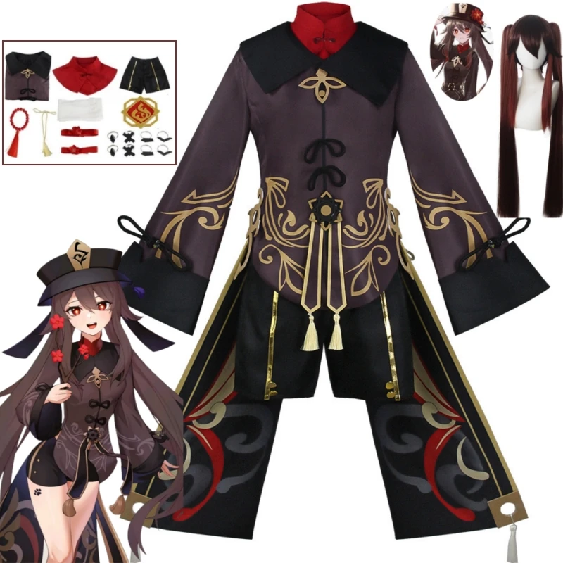 Genshin Impact Hu Tao Conjunto de Cosplay, Vestido, Chapéu, Anel, Jogo de Anime, Halloween, Roupas Femininas, Luxo