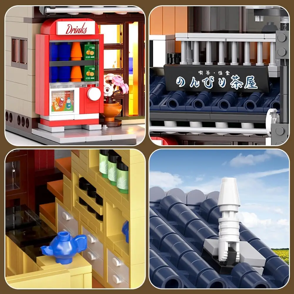 Party Favors  Japanese Tea House Mini Building Set with LED - Japanese Street View Simulation Architecture Construction ,Mini Brick 1219pcs，Incompatible with LEGO view 6