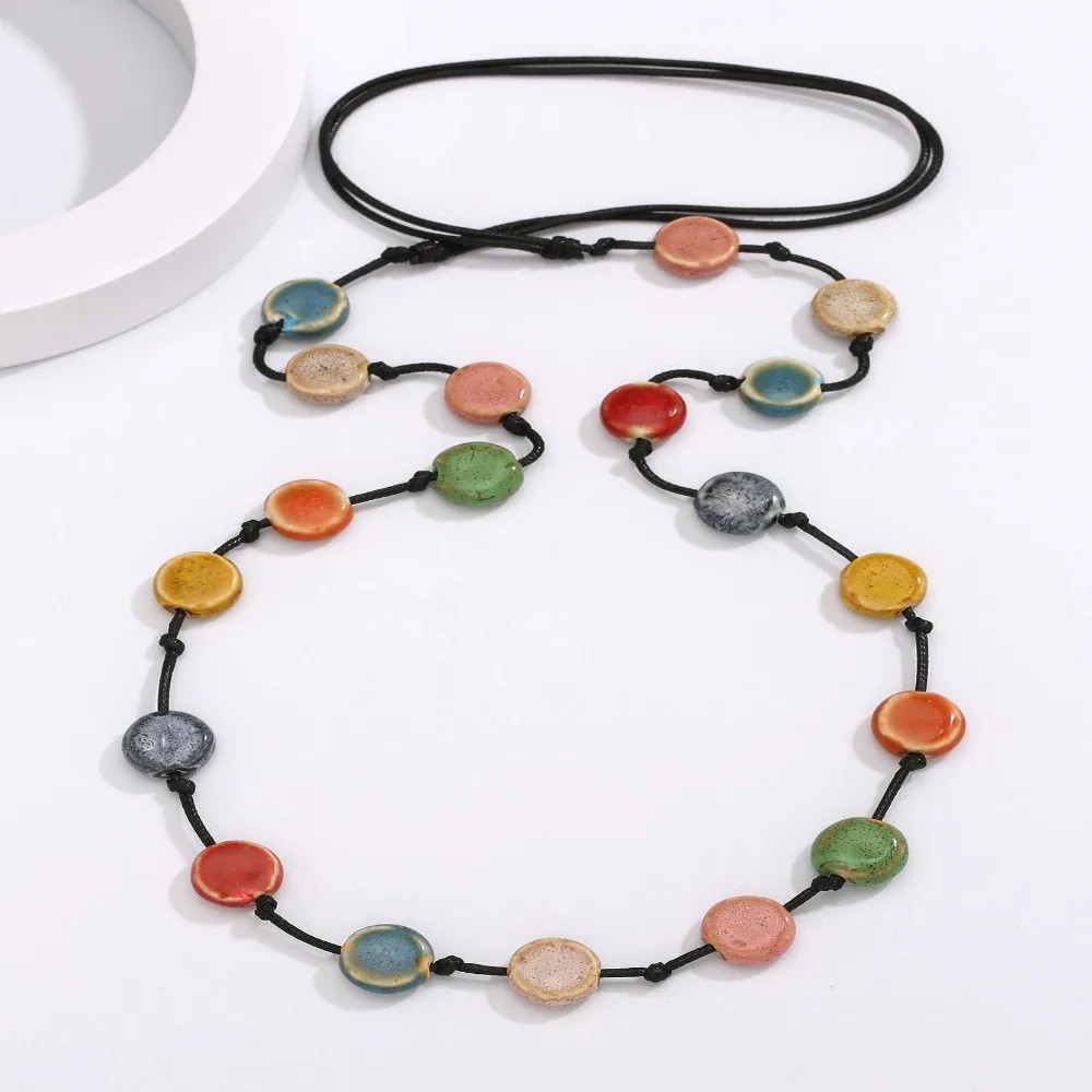 Colorful Ceramic Necklace Boho Style Handmade Adjustable Necklace Simple Woven Rope Sweater Chain Necklace Jewelry Accessories