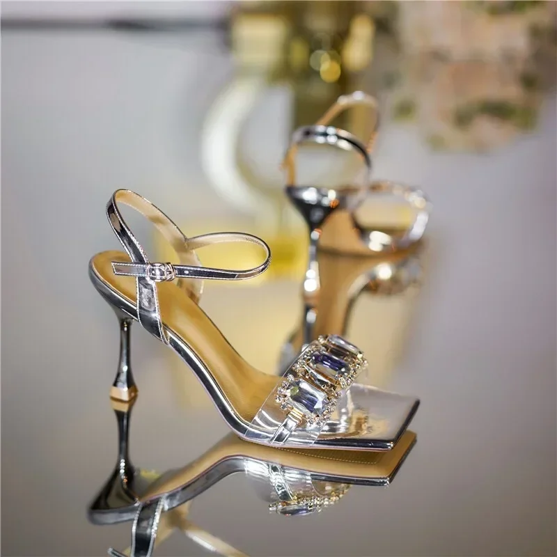 High Heels Sandals Women Gold Rhinestone  2023 Summer Square Toe Shiny Crystal Sandals Woman Ankle Straps Thin Heel Party Pumps