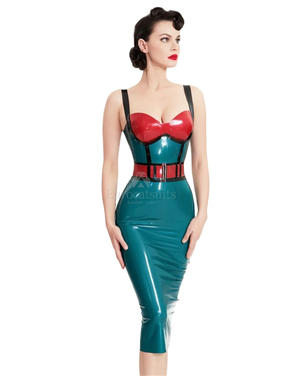 Sexy Damen-Latex-Midikleid aus Gummi mit Trägern, rotem Brustgürtel, figurbetont, Clubwear, handgefertigt