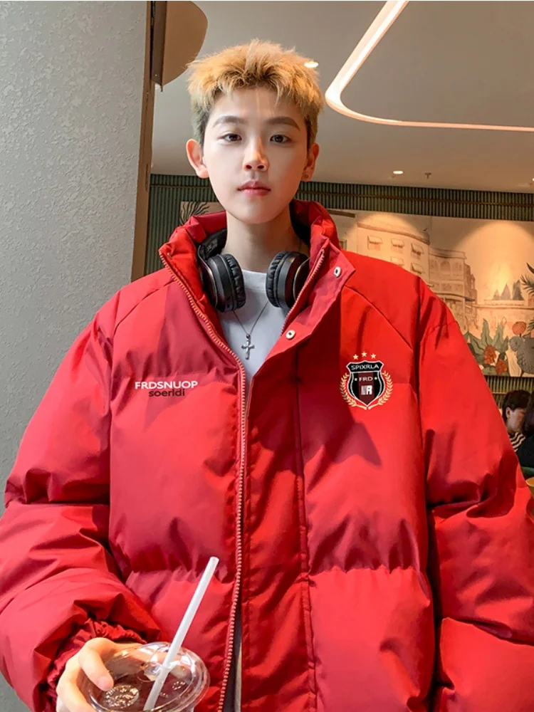 

Thiened down Cotton Jaet Men's Winter Warm Stand Collar Red Outerwear Youth Faionable Casual Long Sve Zipper Closure